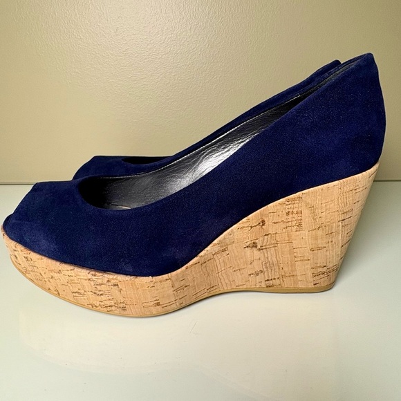 Stuart Weitzman Shoes - Stuart Weitzman Anna blue suede peep-toe platform cork wedge pumps Size 7.5